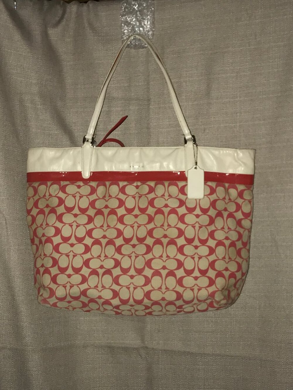 Coach Printed Signature Tote F29423 Light Khaki Love Red